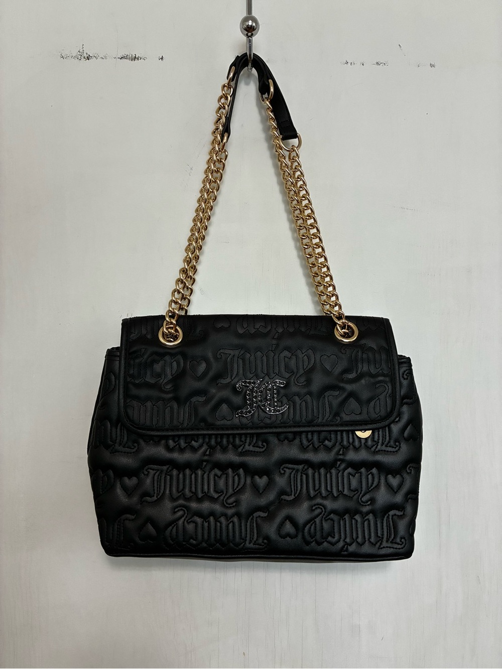 Juicy Couture Black Quilted Logo Shoulder Bag with Gold Chain